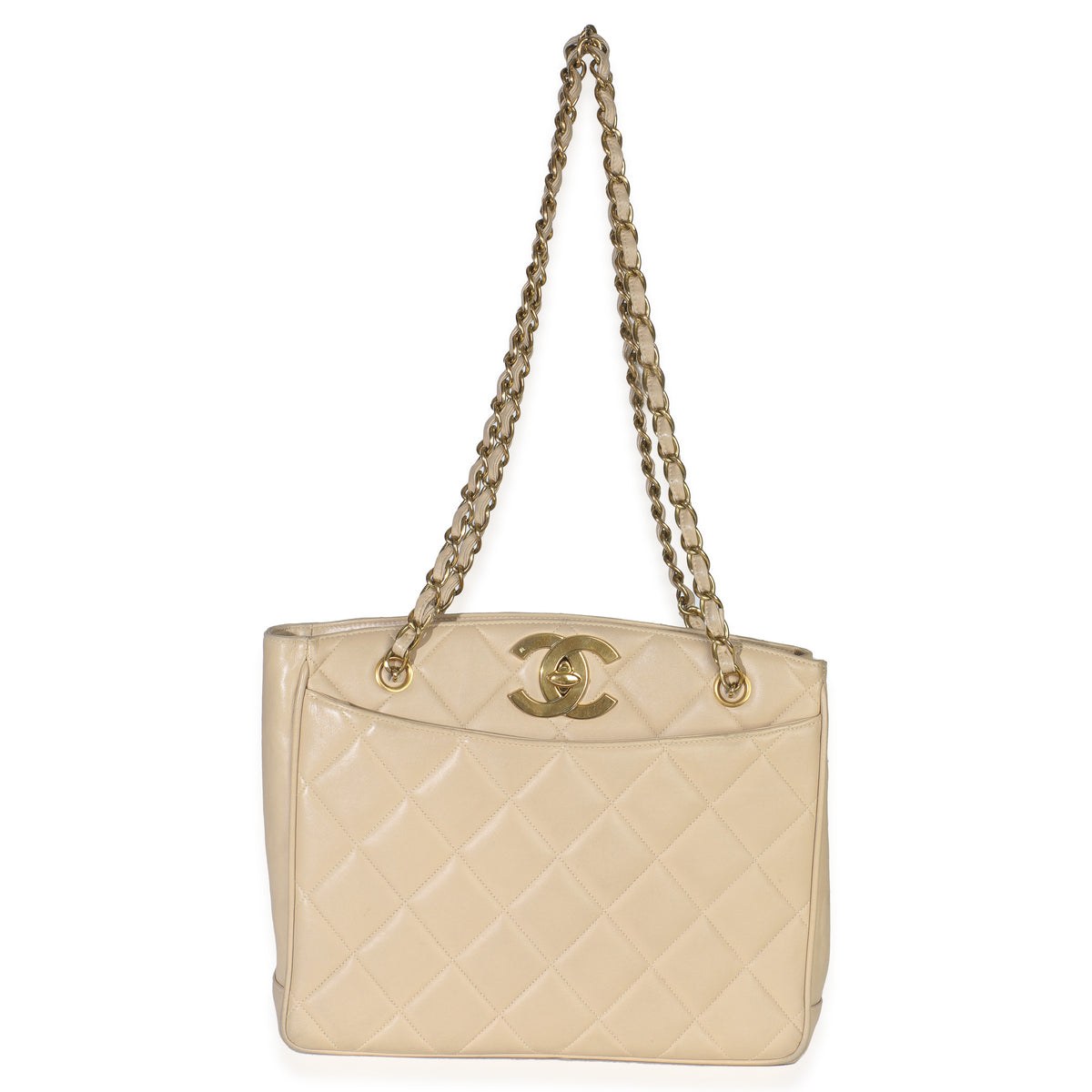 Chanel Vintage Beige Quilted Lambskin CC Shoulder Tote Handbag ad2
