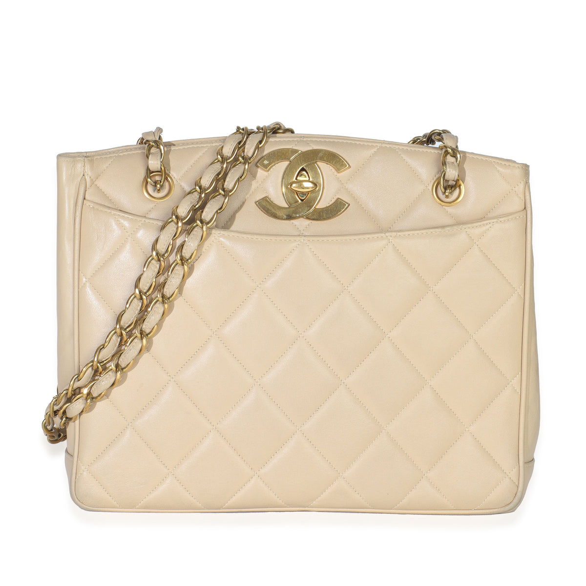 Chanel Vintage Beige Quilted Lambskin CC Shoulder Tote Handbag fv