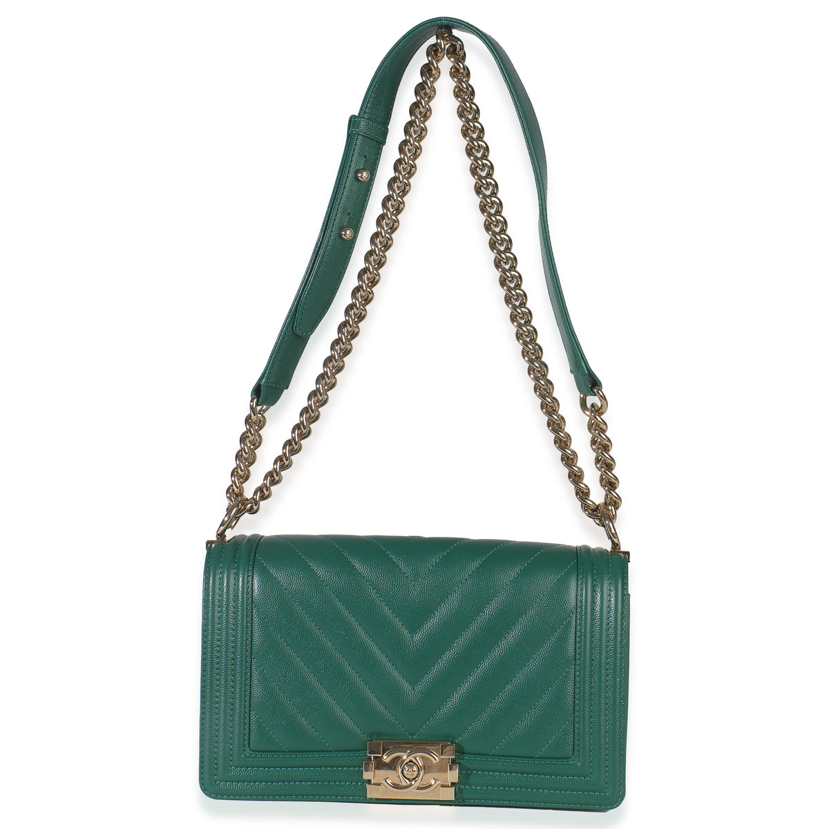 Dark Green Chevron Caviar Old Medium Boy Handbag