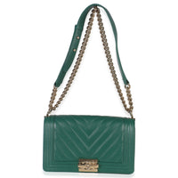Dark Green Chevron Caviar Old Medium Boy Handbag