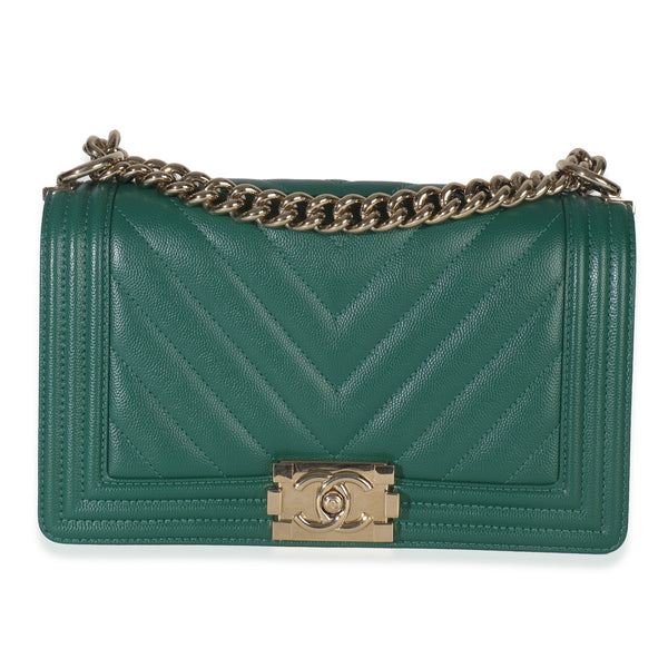 Dark Green Chevron Caviar Old Medium Boy Handbag