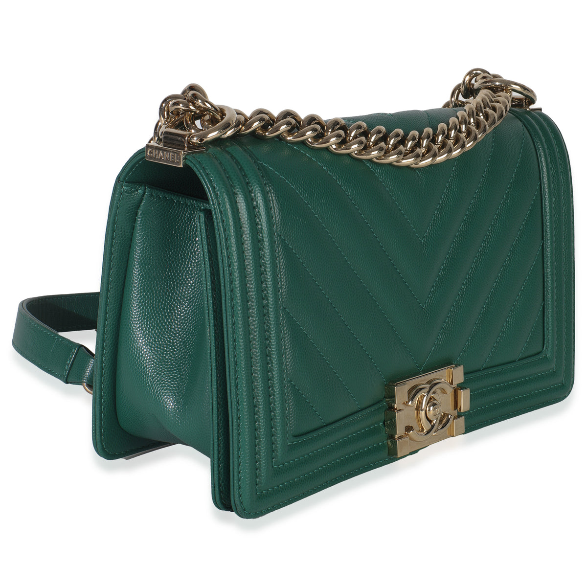 Dark Green Chevron Caviar Old Medium Boy Handbag