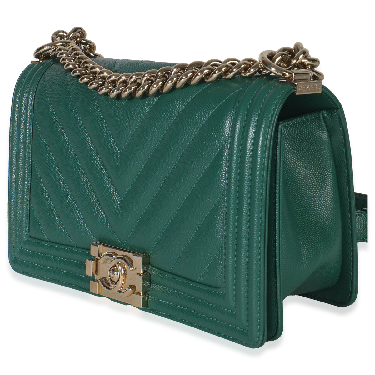 Dark Green Chevron Caviar Old Medium Boy Handbag