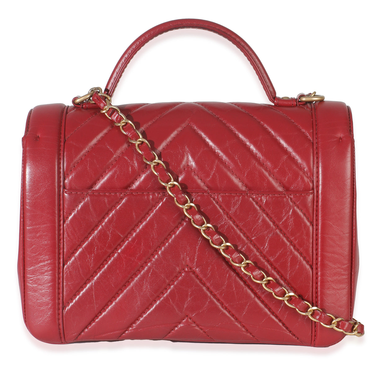 Chanel Red Chevron Calfskin Top Handle Flap Bag Handbag bv