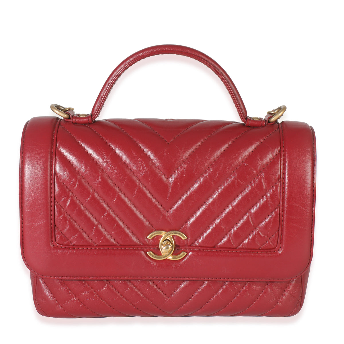 Chanel Red Chevron Calfskin Top Handle Flap Bag Handbag fv