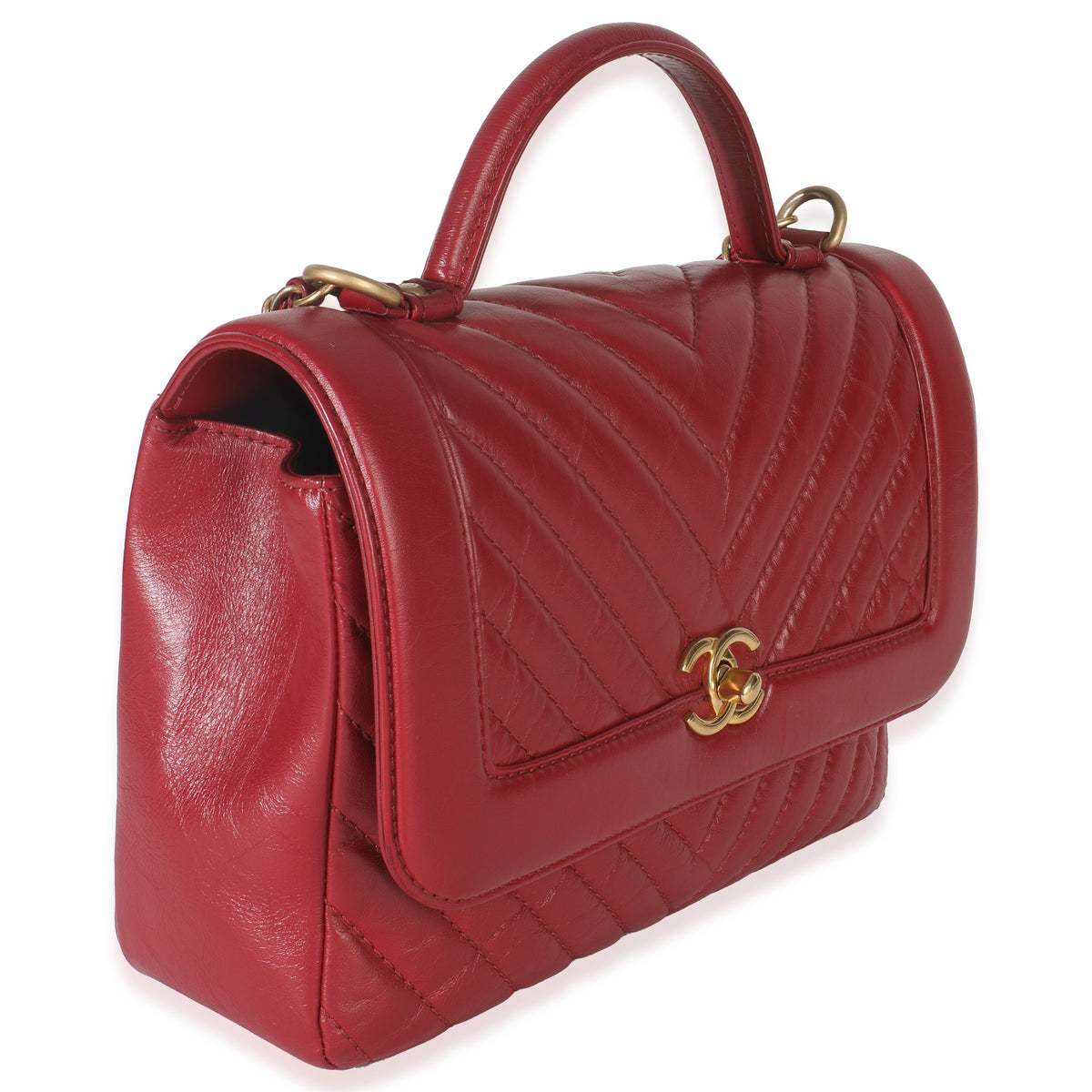 Chanel Red Chevron Calfskin Top Handle Flap Bag Handbag pv