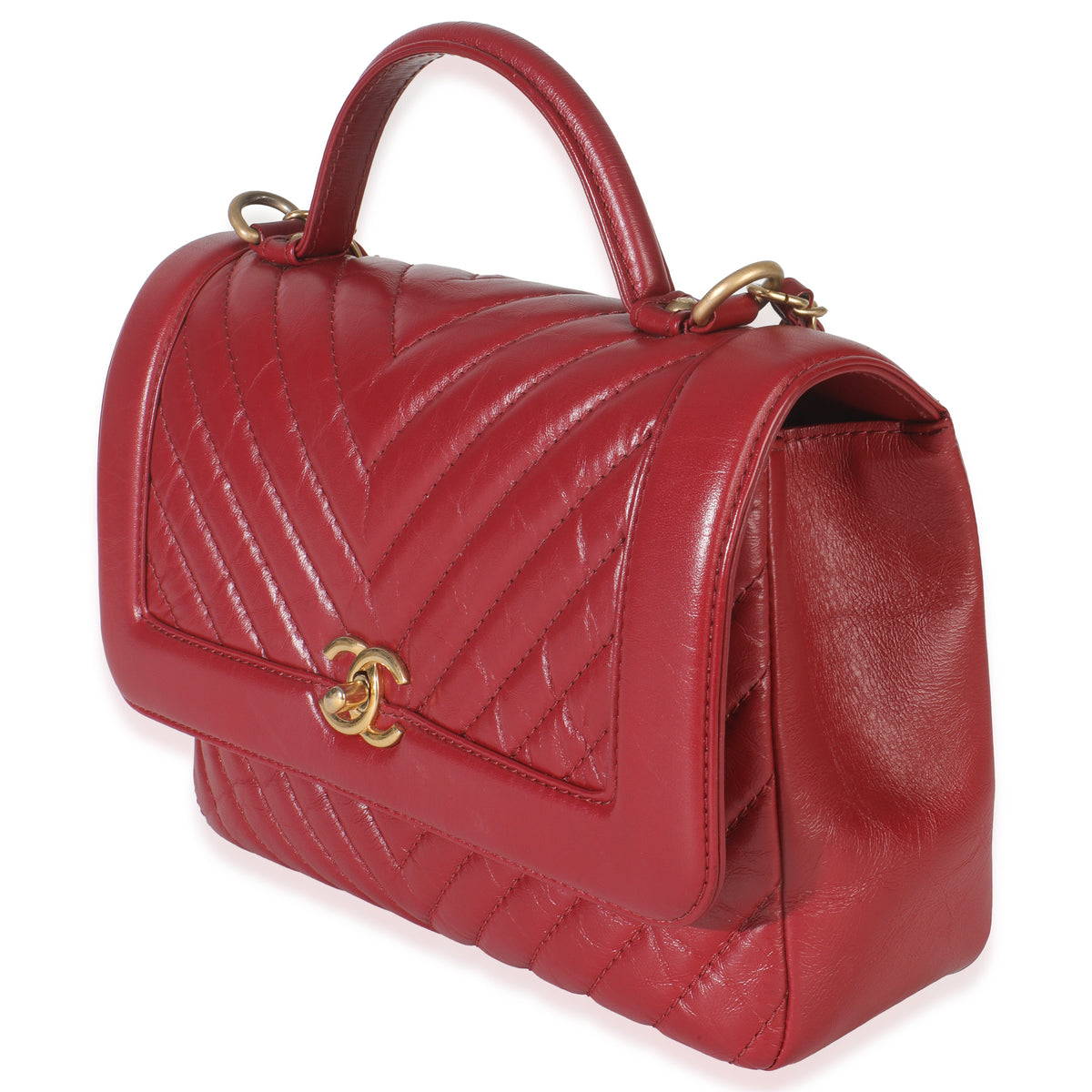Chanel Red Chevron Calfskin Top Handle Flap Bag Handbag sv