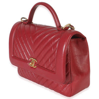 Chanel Red Chevron Calfskin Top Handle Flap Bag Handbag sv