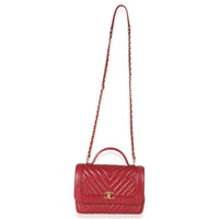 Red Chevron Calfskin Top Handle Flap Bag