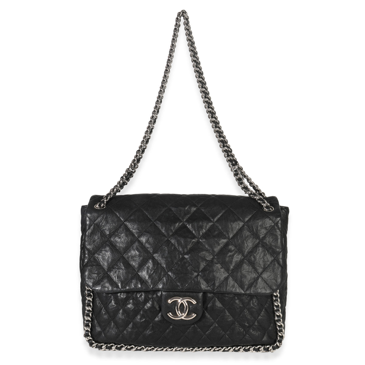 Black Quilted Washed Lambskin Chain Around Maxi Flap Bag