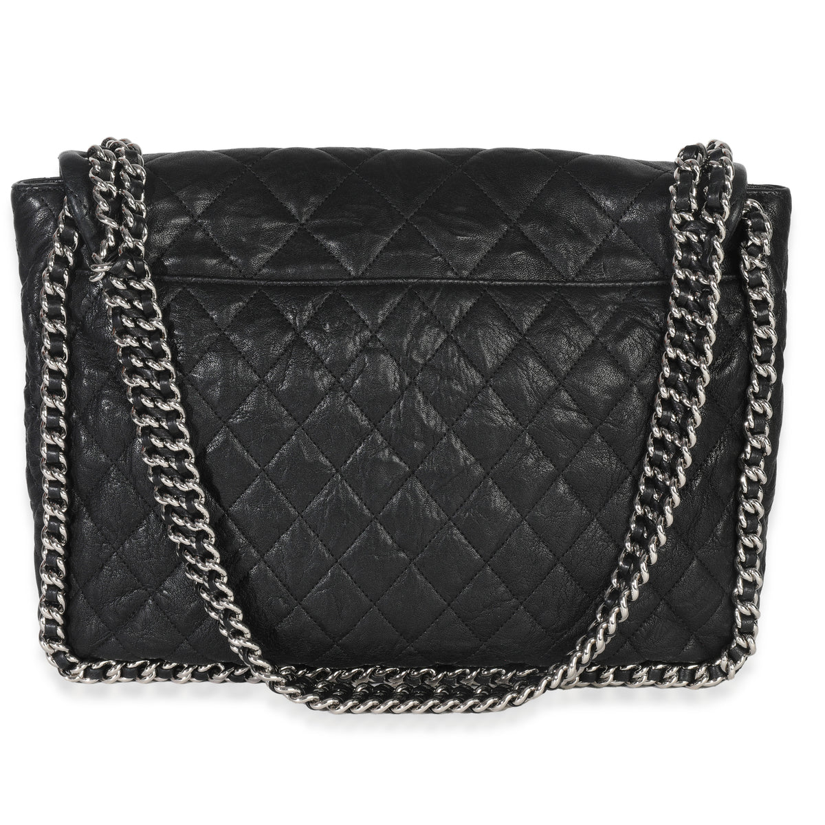 Black Quilted Washed Lambskin Chain Around Maxi Flap Bag