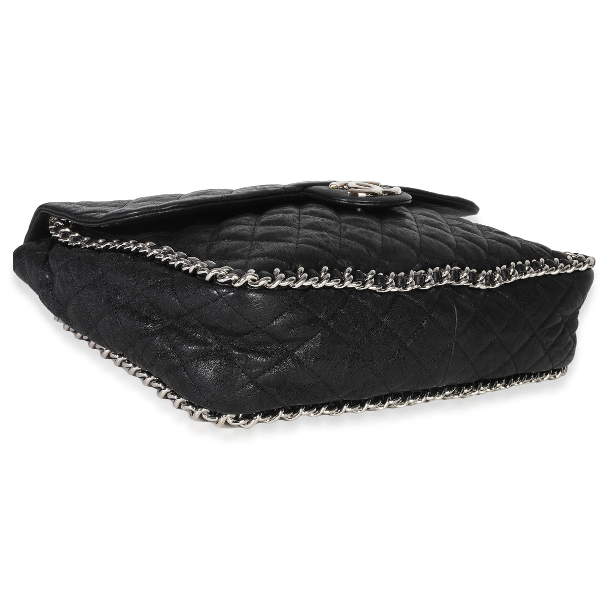 Black Quilted Washed Lambskin Chain Around Maxi Flap Bag