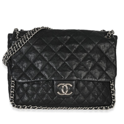 Black Quilted Washed Lambskin Chain Around Maxi Flap Bag