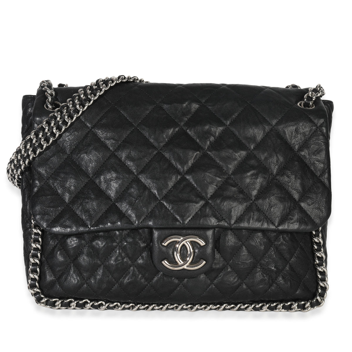 Black Quilted Washed Lambskin Chain Around Maxi Flap Bag