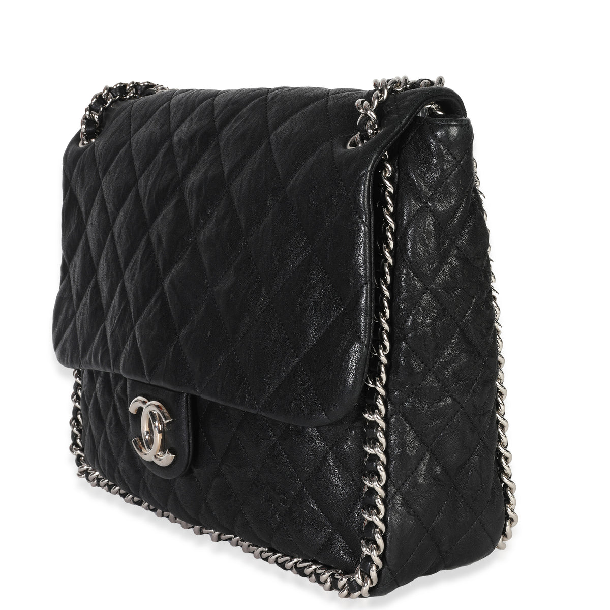 Black Quilted Washed Lambskin Chain Around Maxi Flap Bag