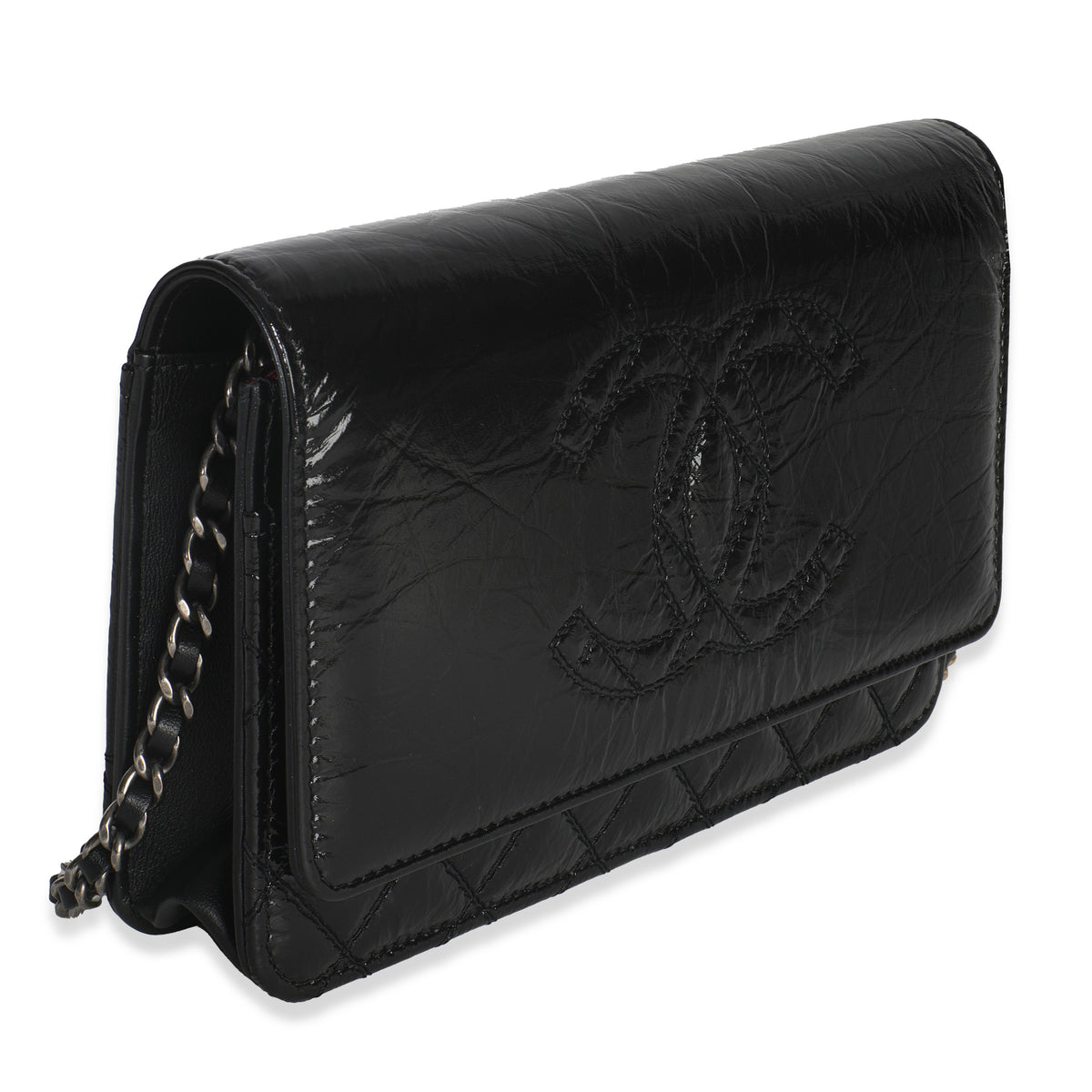 Black Shiny Aged Calfskin Timeless CC Wallet On Chain