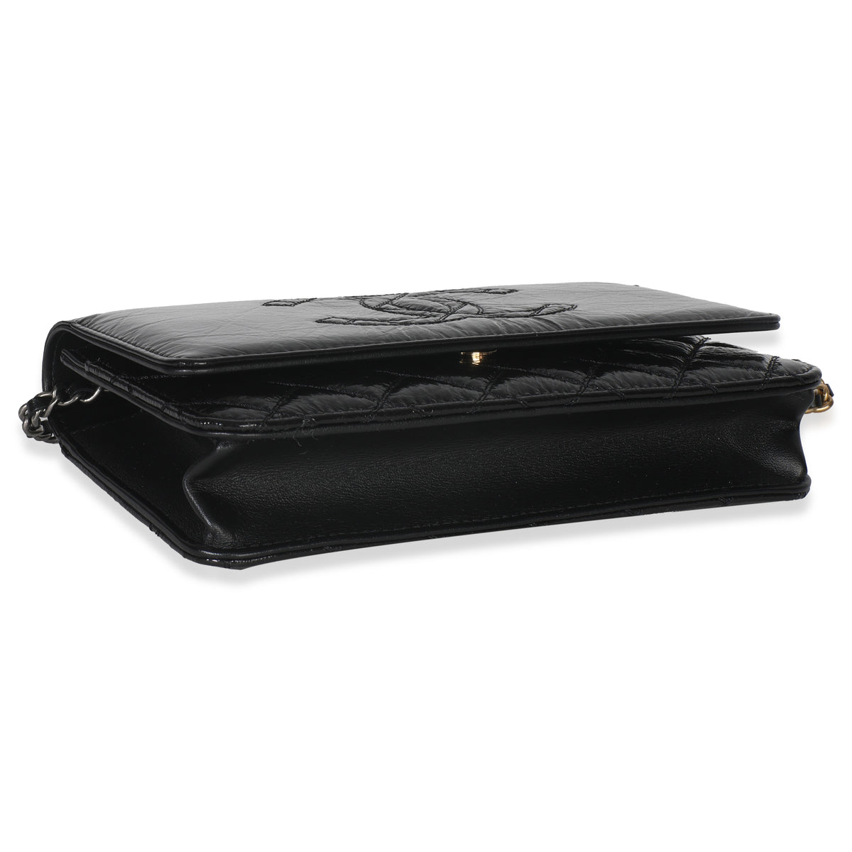 Black Shiny Aged Calfskin Timeless CC Wallet On Chain