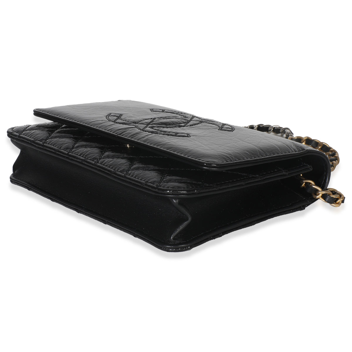 Black Shiny Aged Calfskin Timeless CC Wallet On Chain