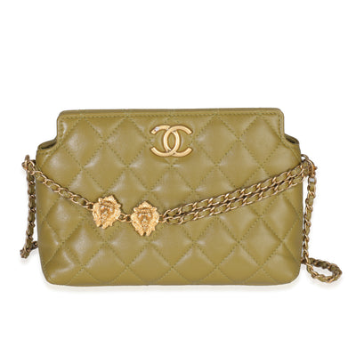 Green Quilted Lambskin Lion Head Clutch With Chain