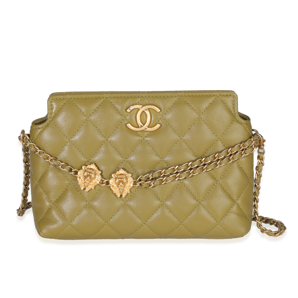 Green Quilted Lambskin Lion Head Clutch With Chain
