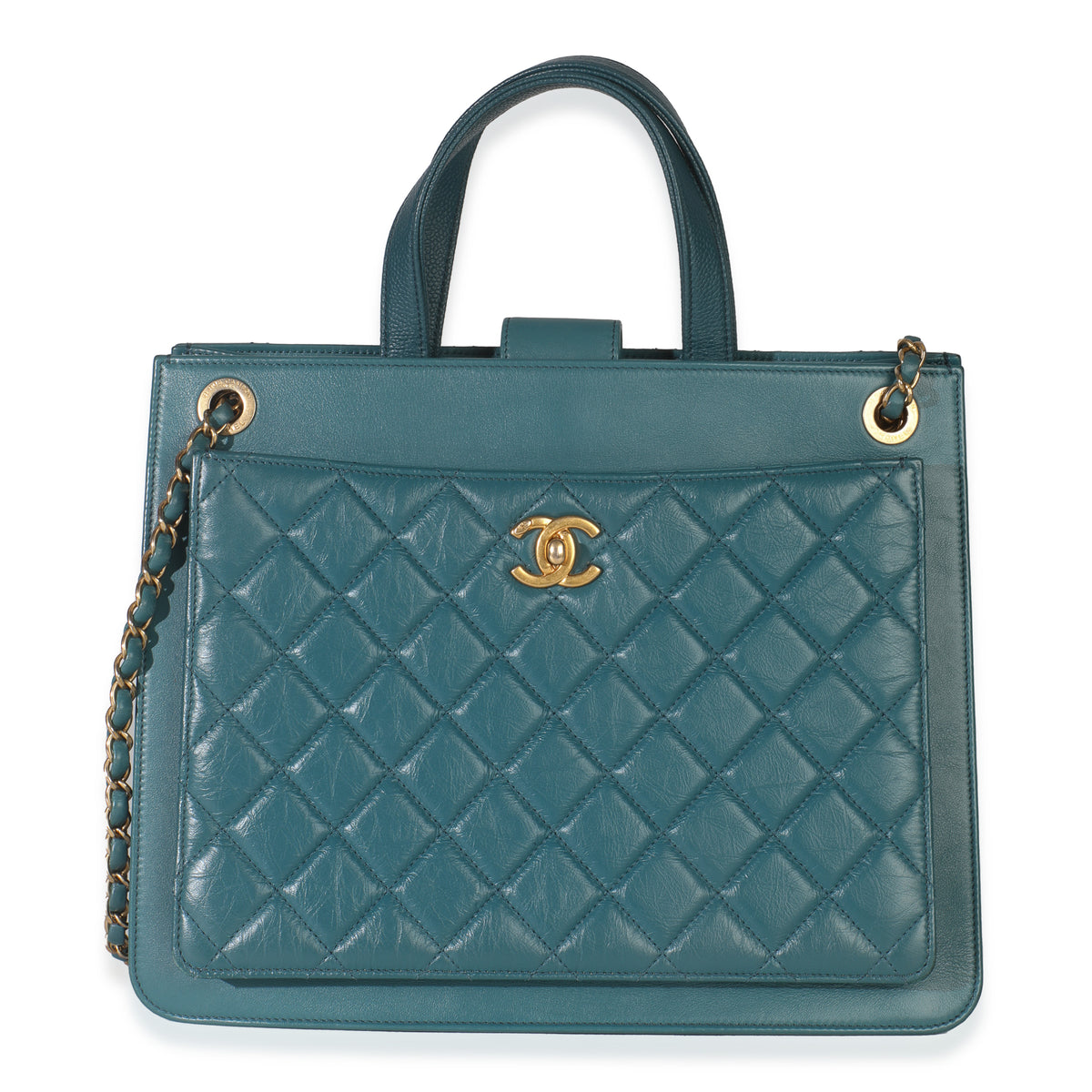 Teal Quilted Calfskin Large Business Affinity Shopping Bag