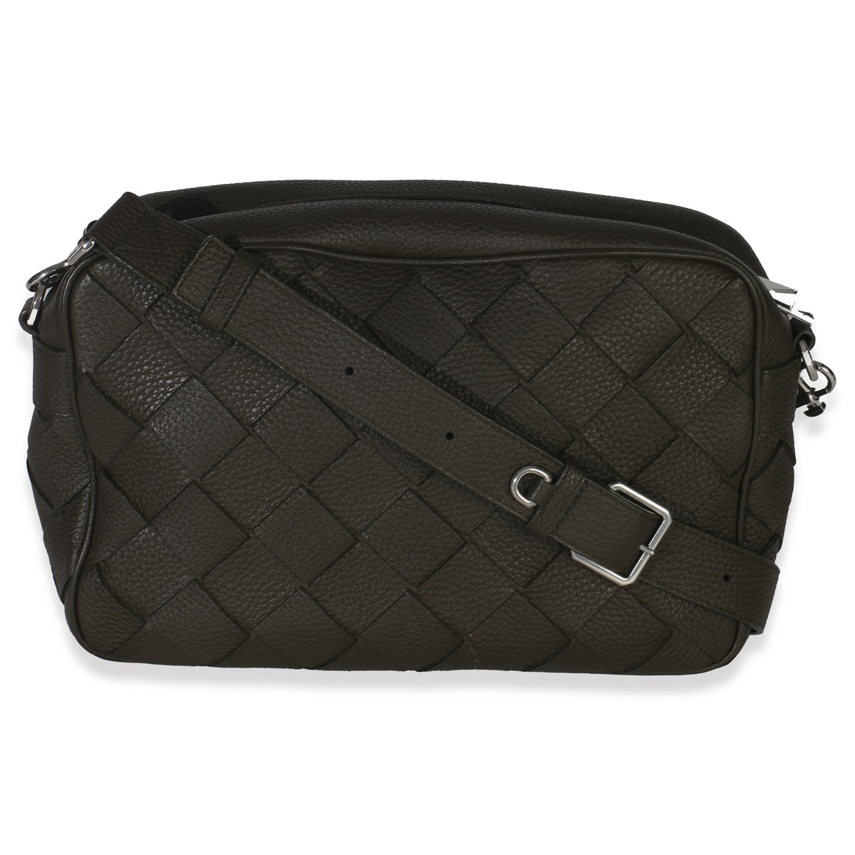 Kaki Grained Leather Medium Intrecciato Camera Bag