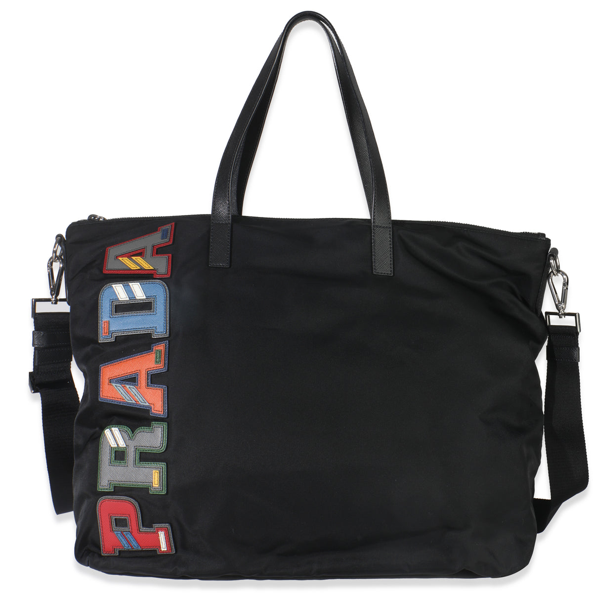 Black Nylon Multicolor Logo Patches Tote Bag