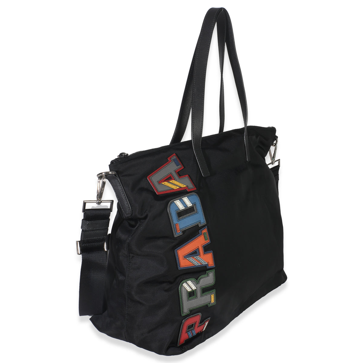Black Nylon Multicolor Logo Patches Tote Bag
