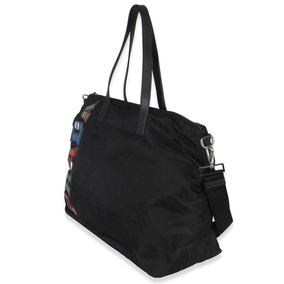 Black Nylon Multicolor Logo Patches Tote Bag