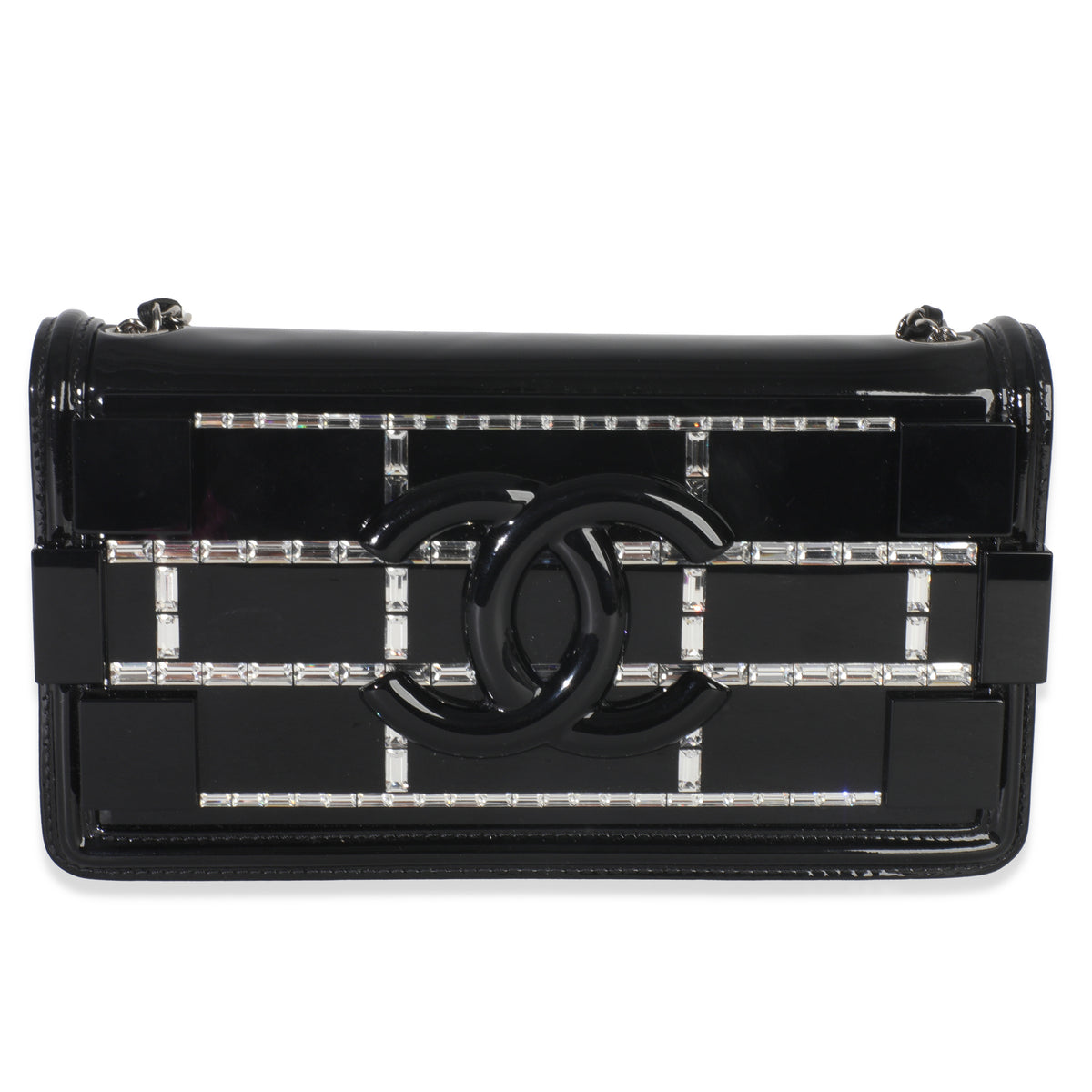 Chanel Black Plexiglass Patent Crystal Lego Brick Flap Bag Handbag fv