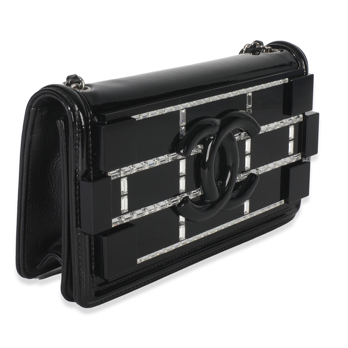 Chanel Black Plexiglass Patent Crystal Lego Brick Flap Bag Handbag pv
