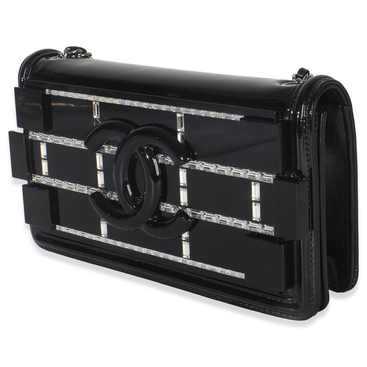 Chanel Black Plexiglass Patent Crystal Lego Brick Flap Bag Handbag sv