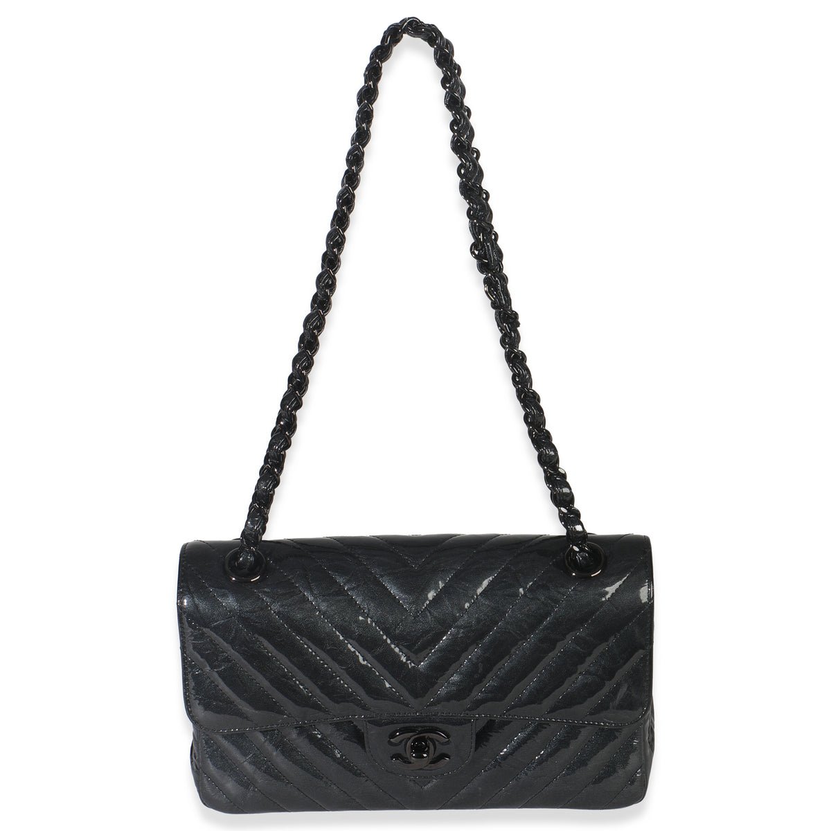 Black Metallic Chevron Crumpled Patent Small Classic Double Flap Bag