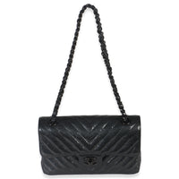 Black Metallic Chevron Crumpled Patent Small Classic Double Flap Bag