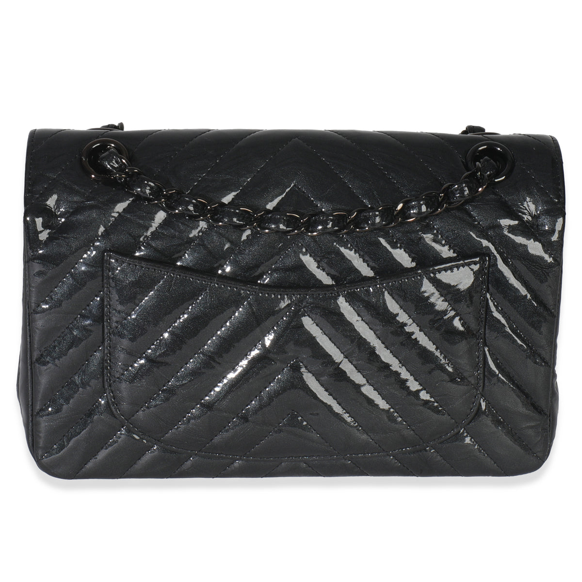 Black Metallic Chevron Crumpled Patent Small Classic Double Flap Bag