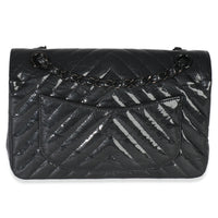 Black Metallic Chevron Crumpled Patent Small Classic Double Flap Bag
