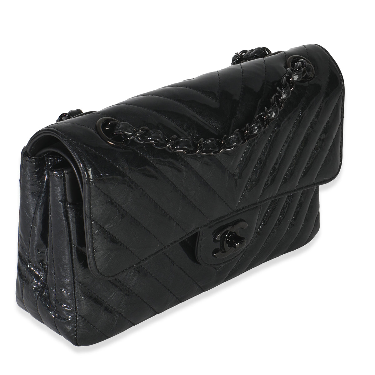 Black Metallic Chevron Crumpled Patent Small Classic Double Flap Bag