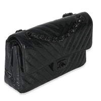 Black Metallic Chevron Crumpled Patent Small Classic Double Flap Bag