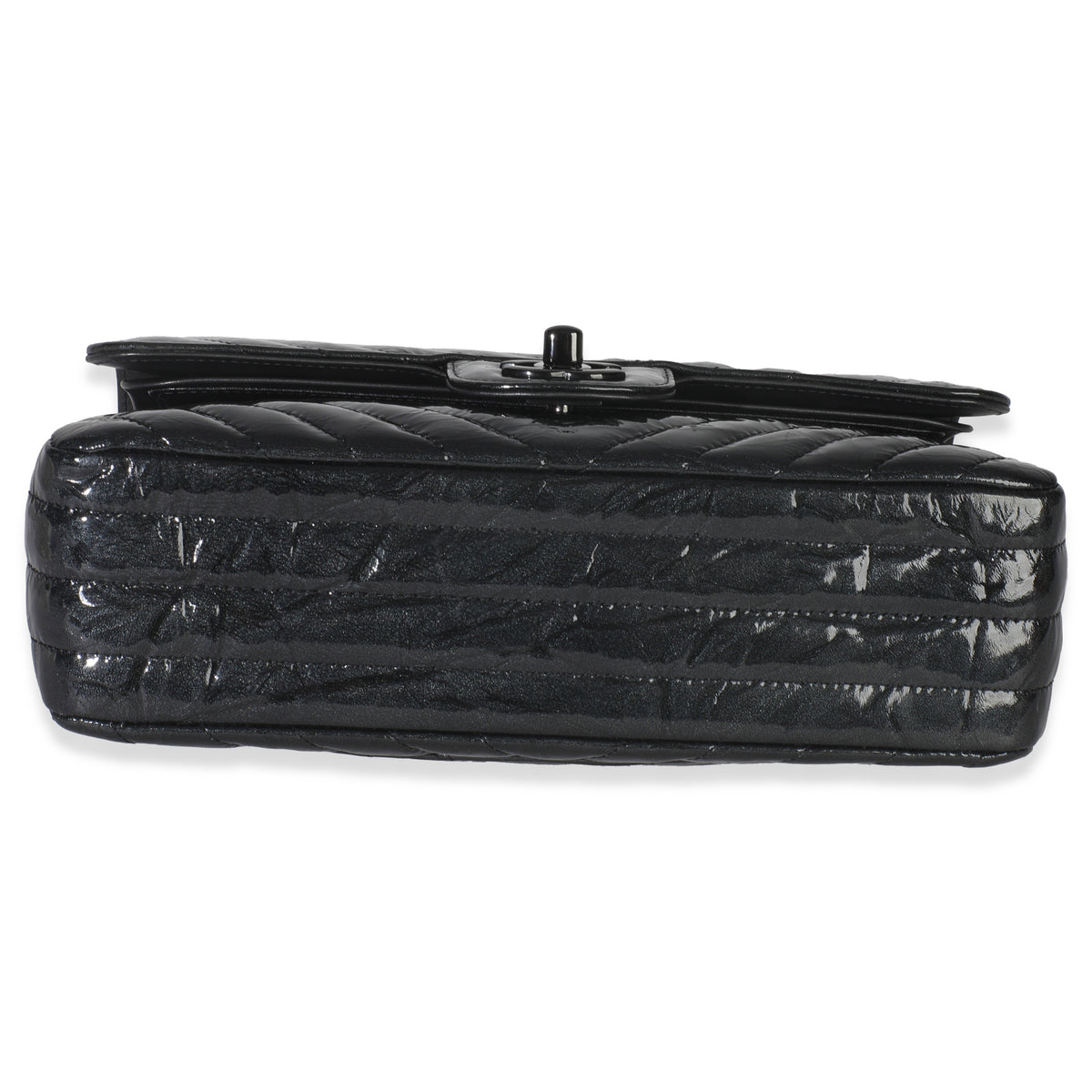 Black Metallic Chevron Crumpled Patent Small Classic Double Flap Bag