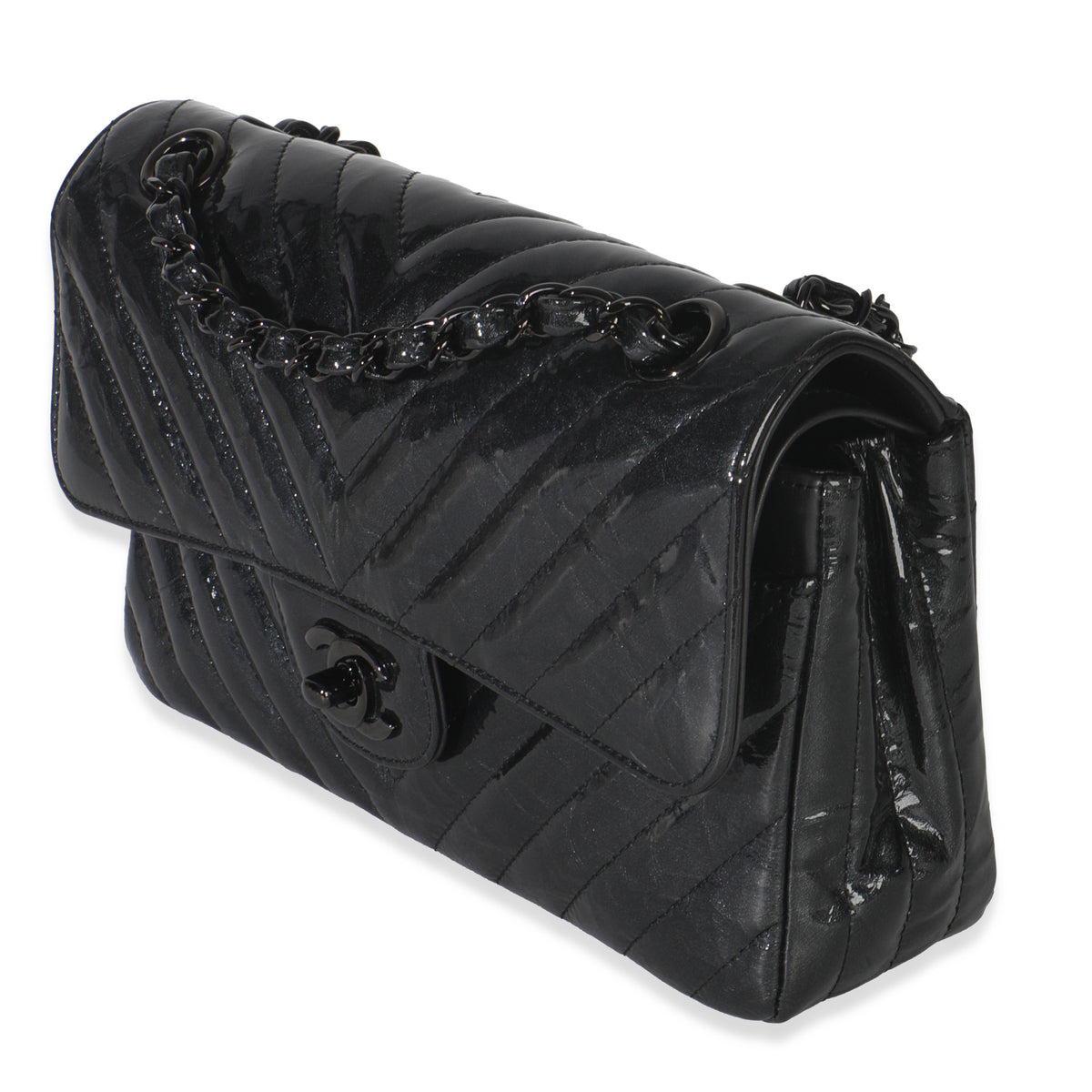 Black Metallic Chevron Crumpled Patent Small Classic Double Flap Bag