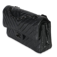 Black Metallic Chevron Crumpled Patent Small Classic Double Flap Bag