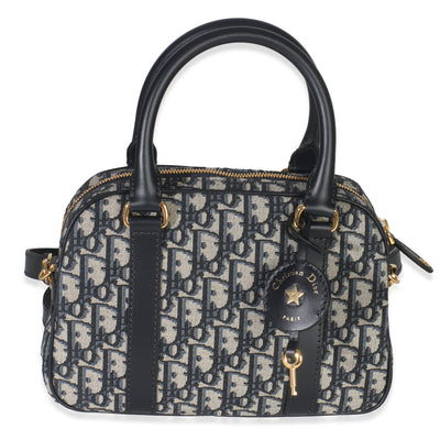 Christian Dior Navy Oblique Canvas Small D Vibe Bowling Bag Handbag fv