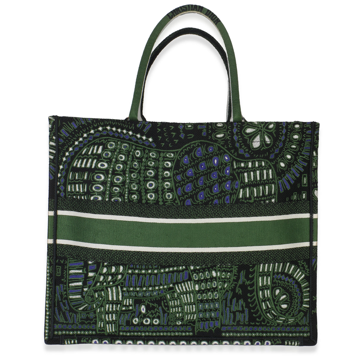 Green Canvas Embroidered Animals Elephant Large Book Tote