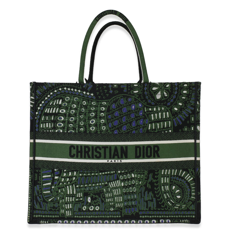 Green Canvas Embroidered Animals Elephant Large Book Tote