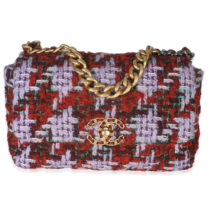 Purple Red Quilted Tweed Small Chanel 19 Flap Bag