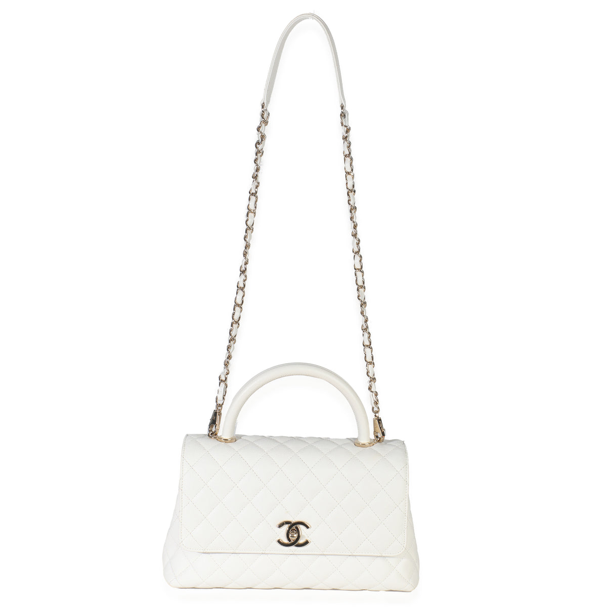 White Quilted Caviar Medium Coco Top Handle Handbag