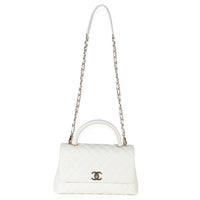 White Quilted Caviar Medium Coco Top Handle Handbag