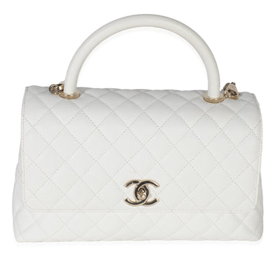 White Quilted Caviar Medium Coco Top Handle Handbag