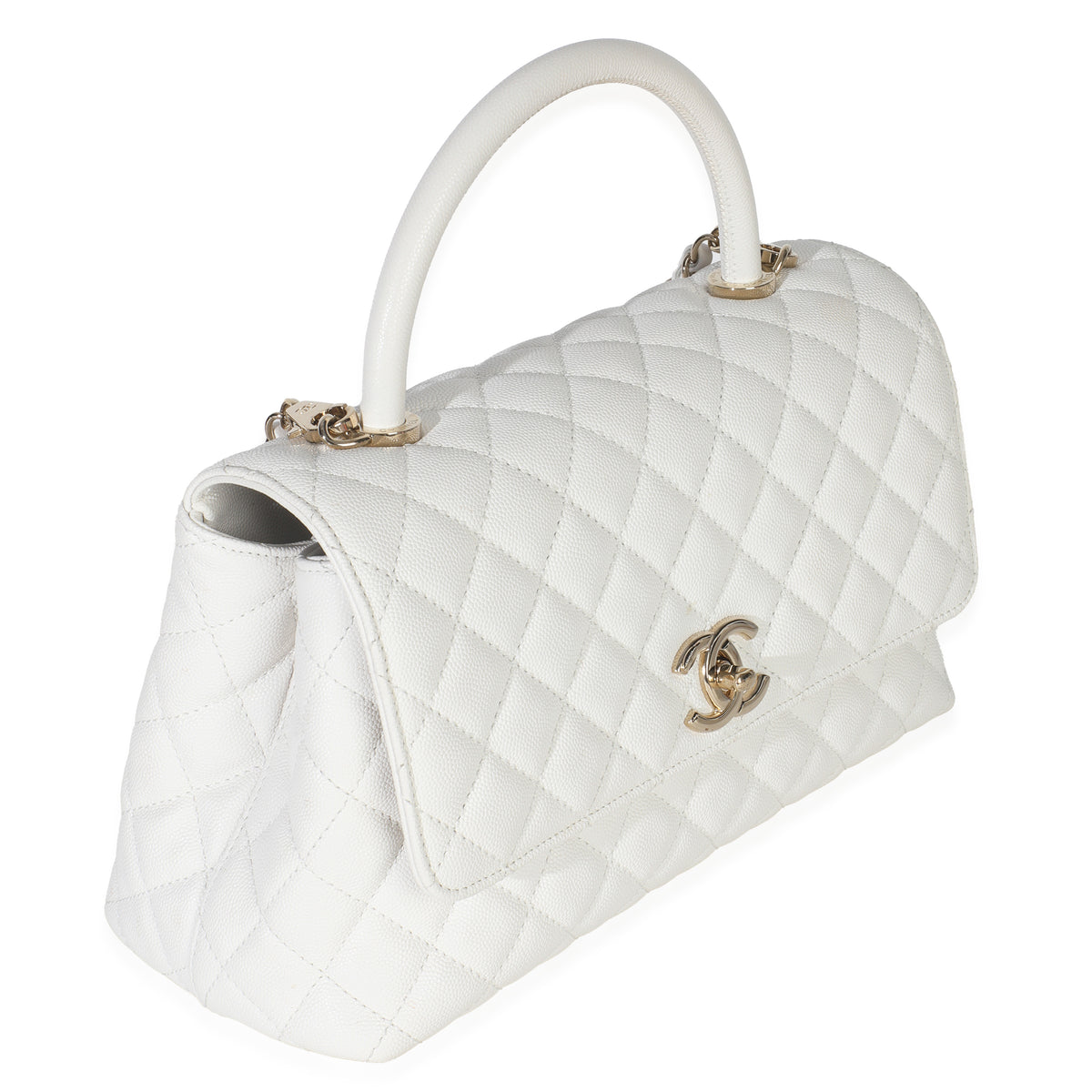 White Quilted Caviar Medium Coco Top Handle Handbag