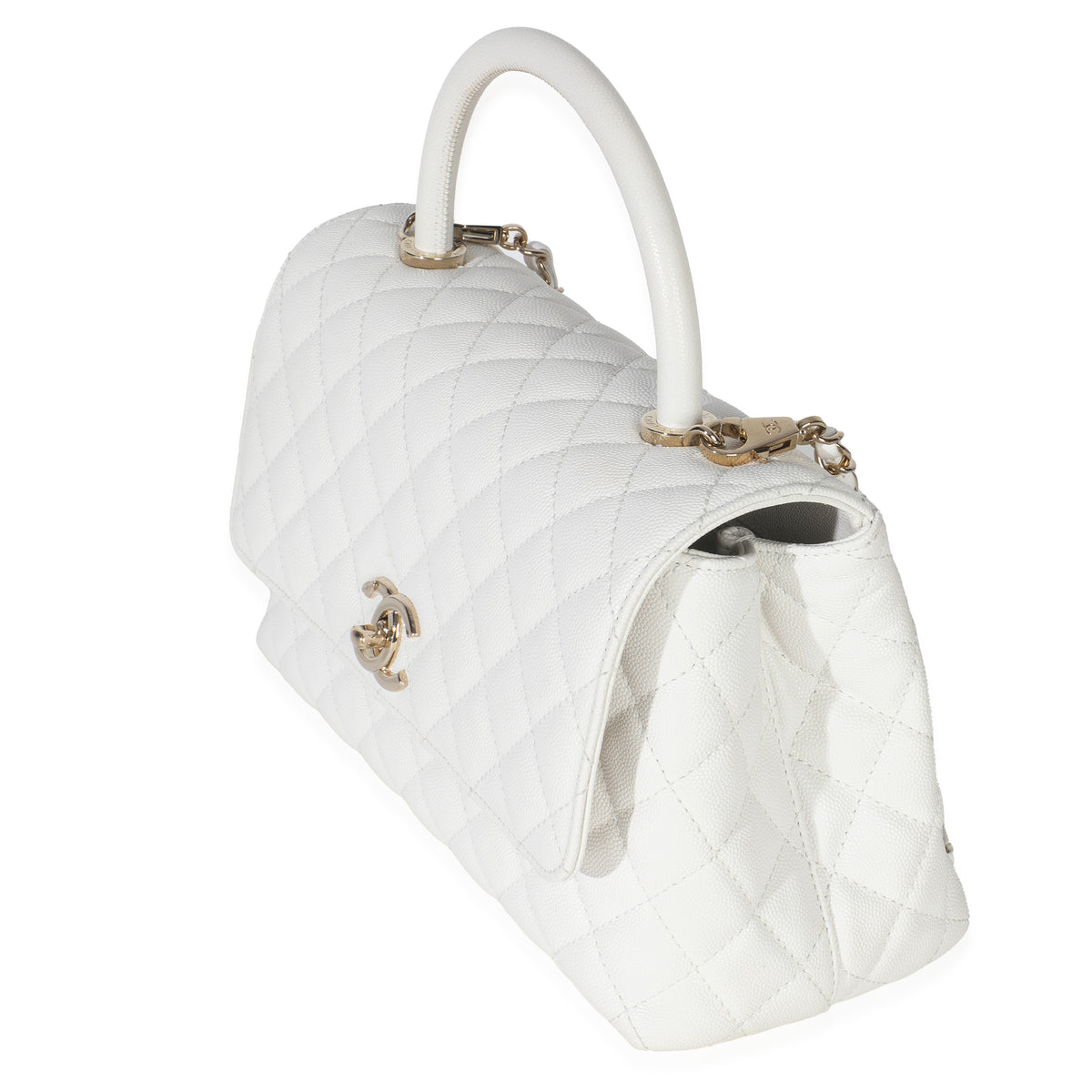 White Quilted Caviar Medium Coco Top Handle Handbag